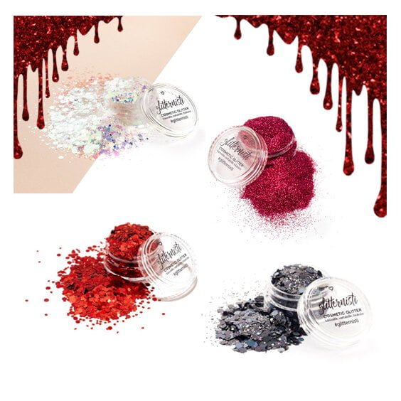 Bloody glittersetti Halloween meikkiin sisältää neljä kosmetiikka glitteriä.