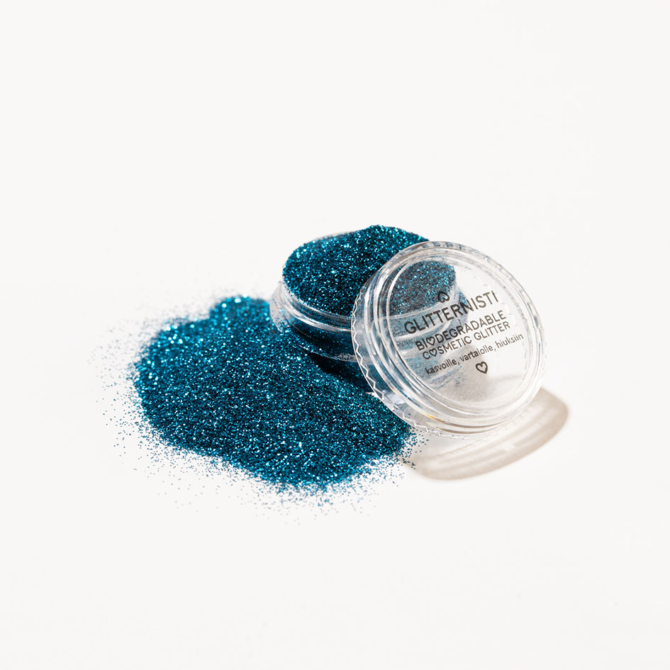Glitternisti Ocean Blue kosmetiikka glitter on biohajoava.