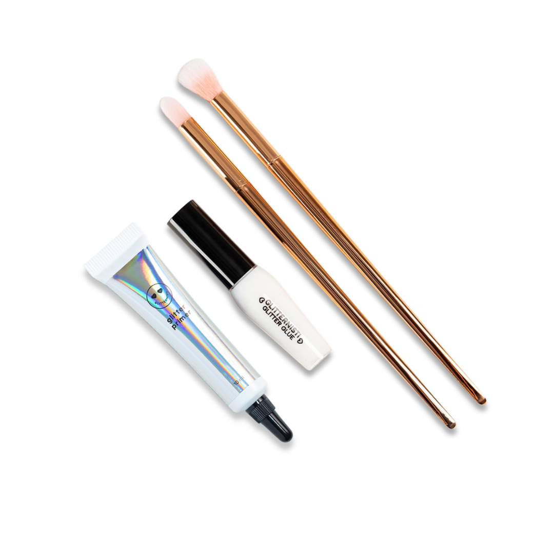 Glittermeikin esentials glittersivellin, glitter liima ja glitter primer.