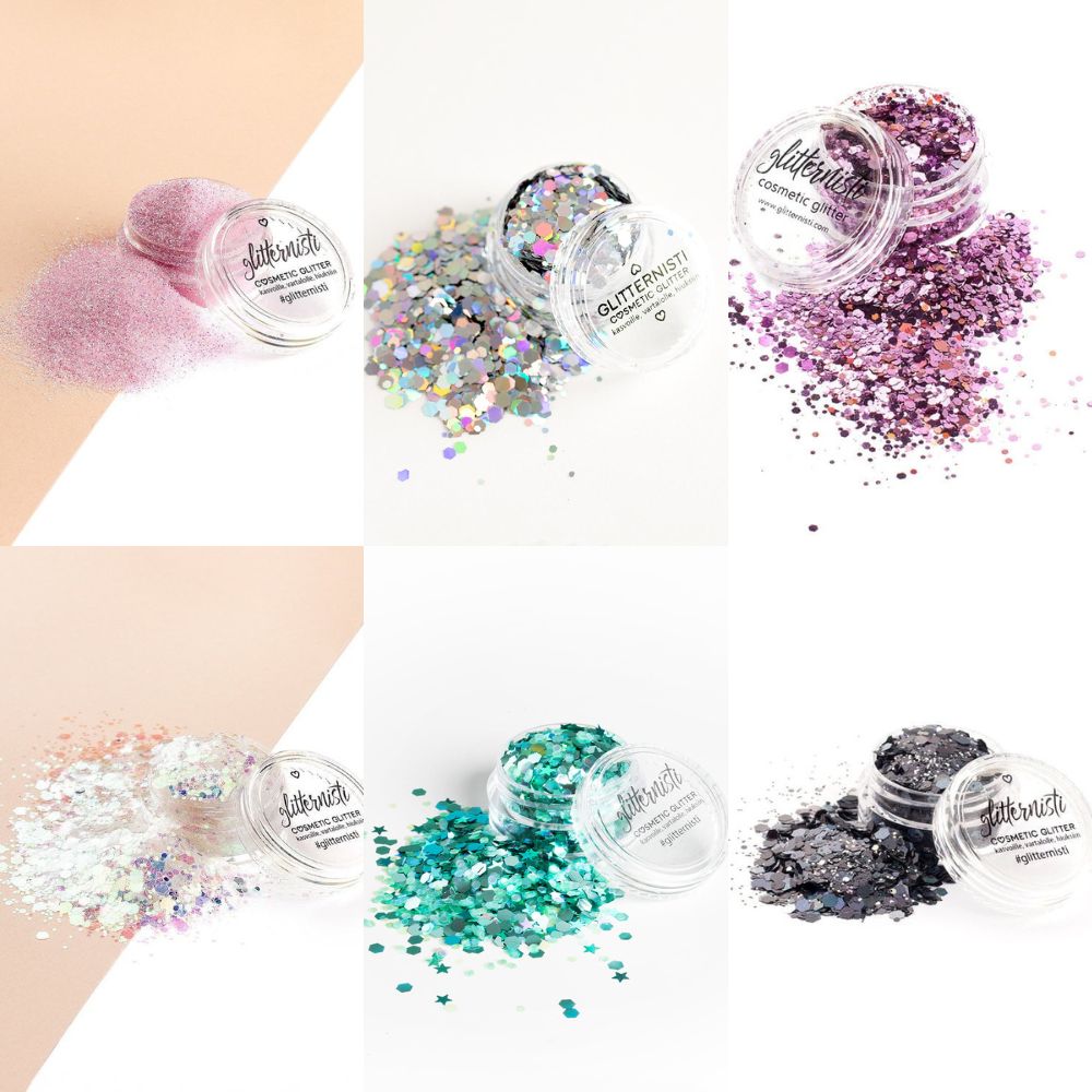 Fiesta glittersetti sisältää kuusi kosmeettista glitteriä.