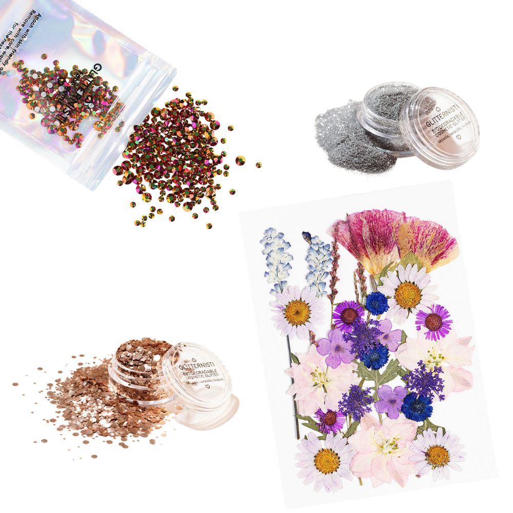 Glitternistin glittersettiin kuuluu kasvokukkia, glitteriä sekä ihotimantteja.