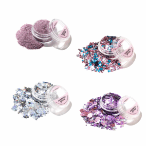 Pink Stardust ekoglittersetti sisältää neljä kosmeettista ekoglitteriä eri sävyissä.