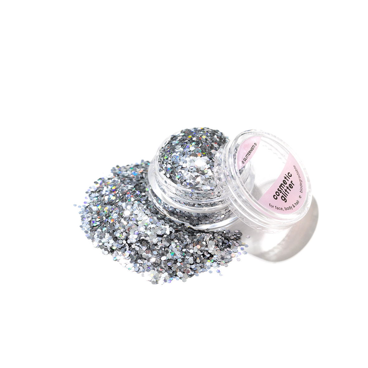 Suomessa tehty kosmeettinen glitter sävyssä hopea.