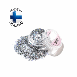 Suomessa tehty kosmeettinen glitter sävyssä hopea.