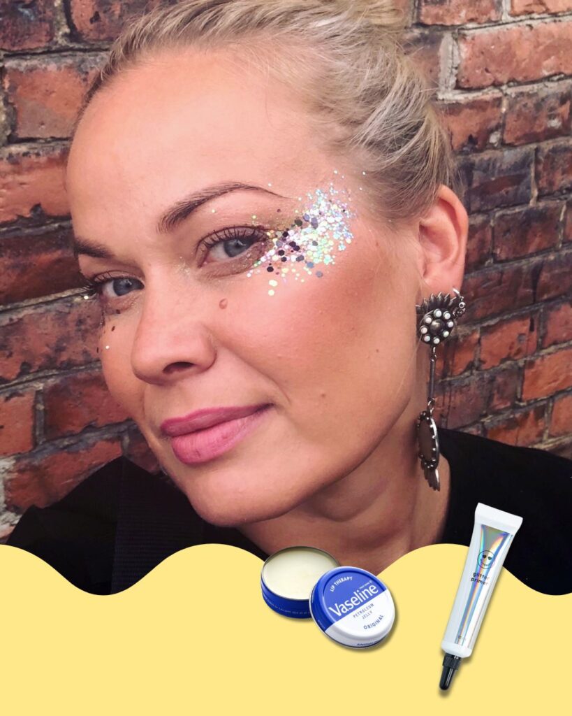 Glittermeikin kiinnitykseen sopii parhaiten vaseliini ja glitter primer.