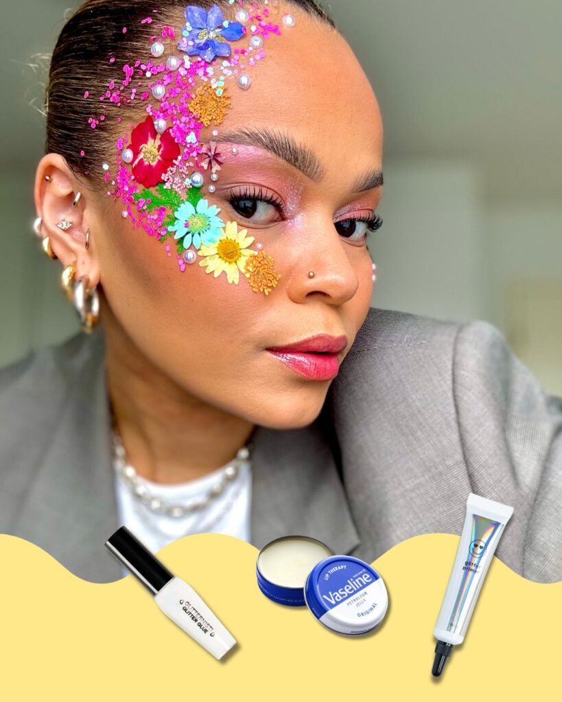 Kasvokukkien kiinnitykseen sopii parhaiten vaseliini, glitterliima ja glitter primer.