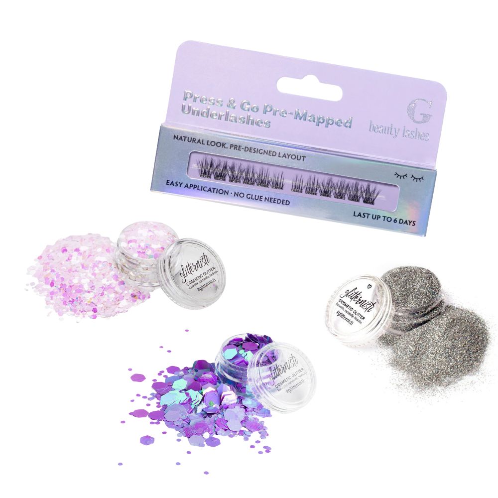 Glitternistin festariglittersetti johon kuuluu kosmeettista glitteriä sekä Press & go underlashes.